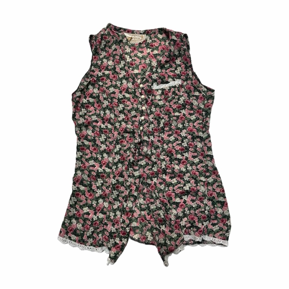 VTG 80s Floral Sheer Tank Vest Top Pearl Snap Lace Trim Size XS S